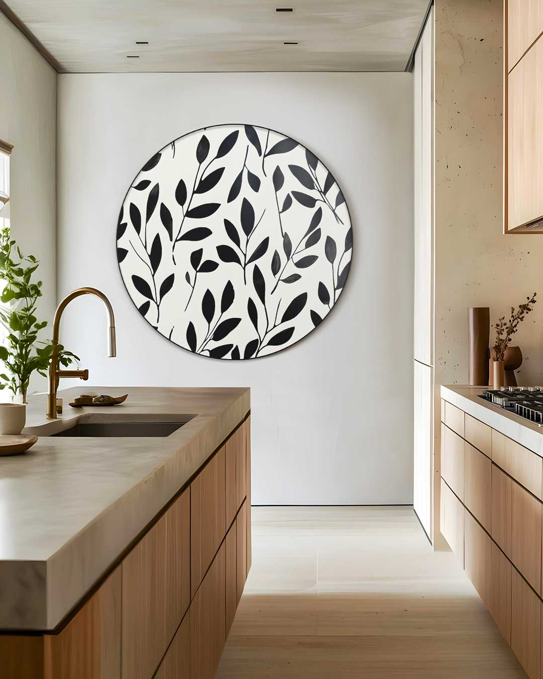 Elegant Zwart-Wit Bladeren Design Muurcirkel-WallArtistic