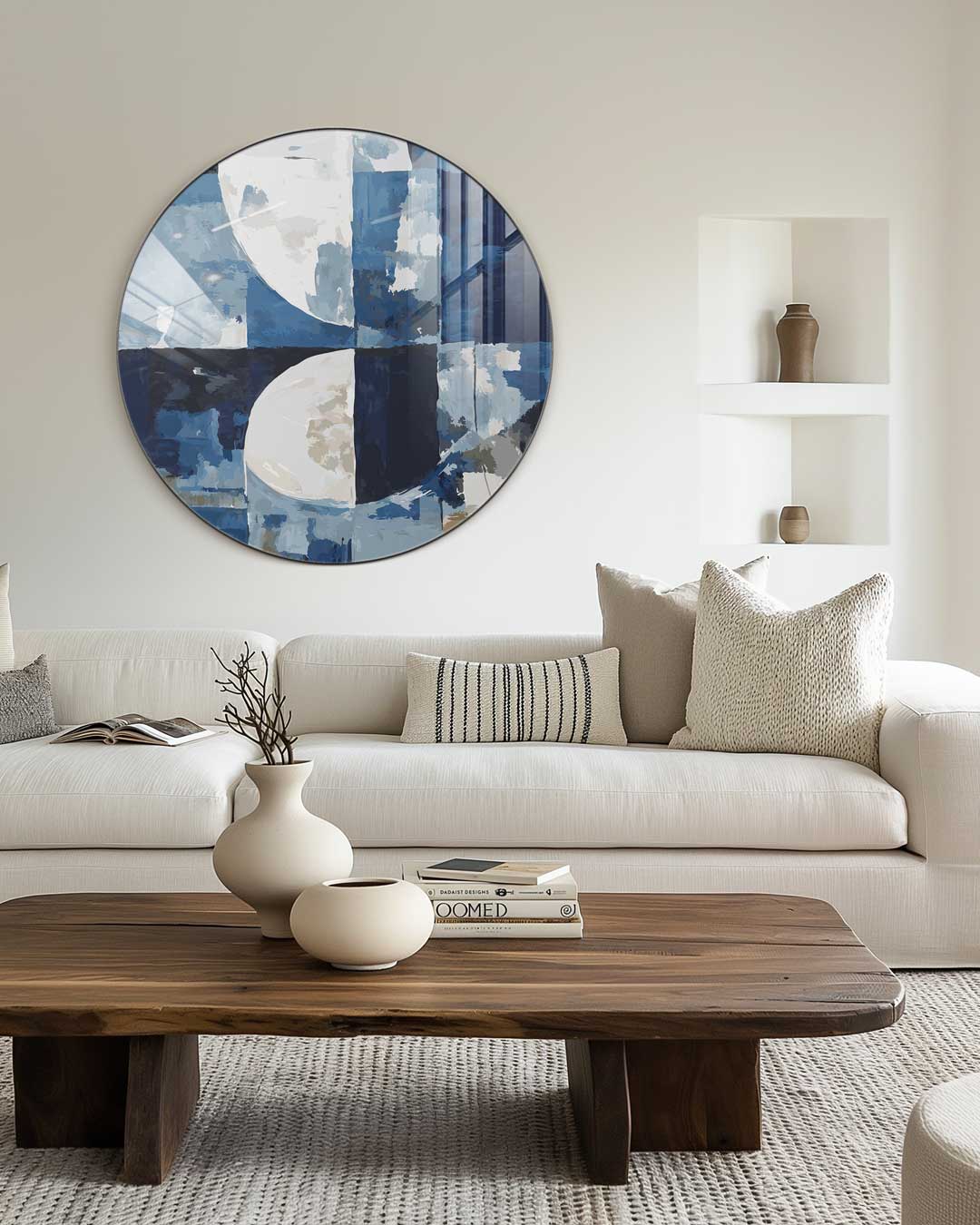 Abstracte Blauw-Witte Muurcirkel-WallArtistic