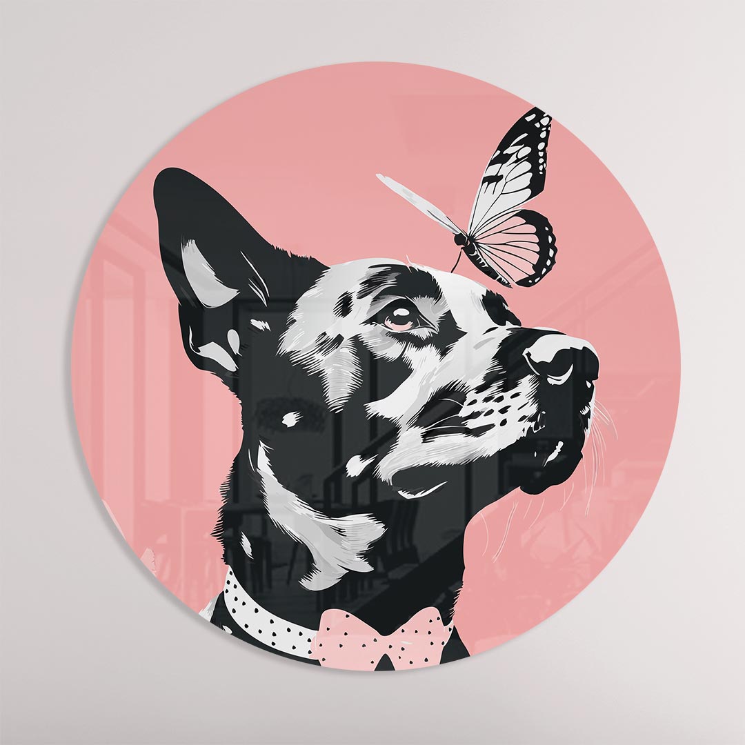 Hond met Vlinder Muurcirkel-WallArtistic