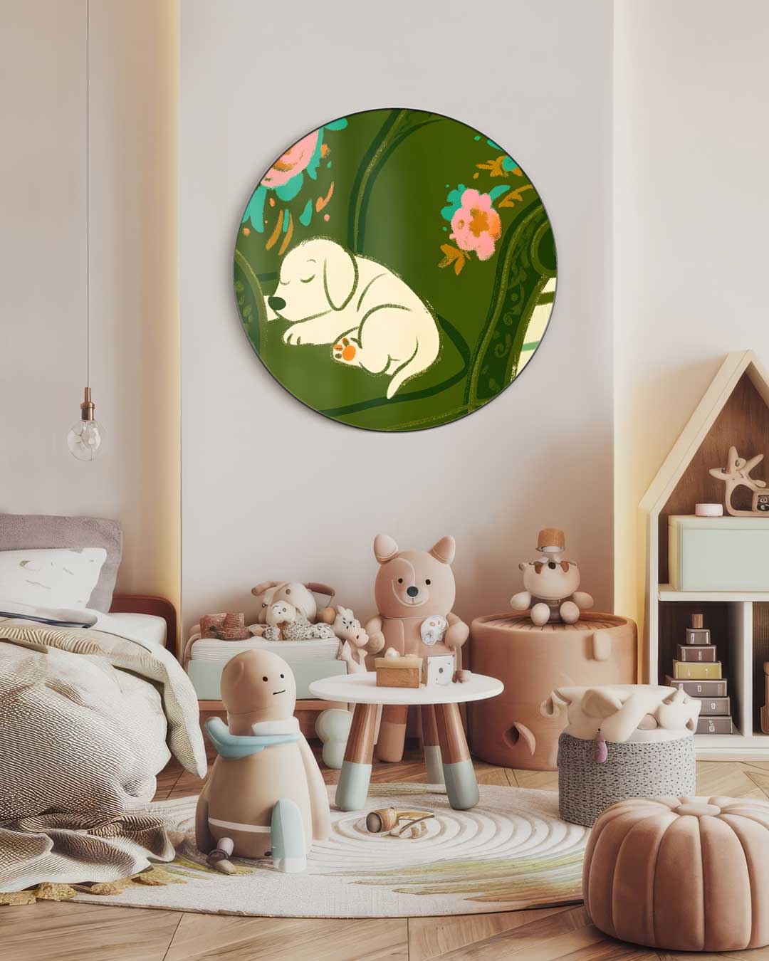 Schattige Slapende Pup op Bloemenstoel Muurcirkel-WallArtistic