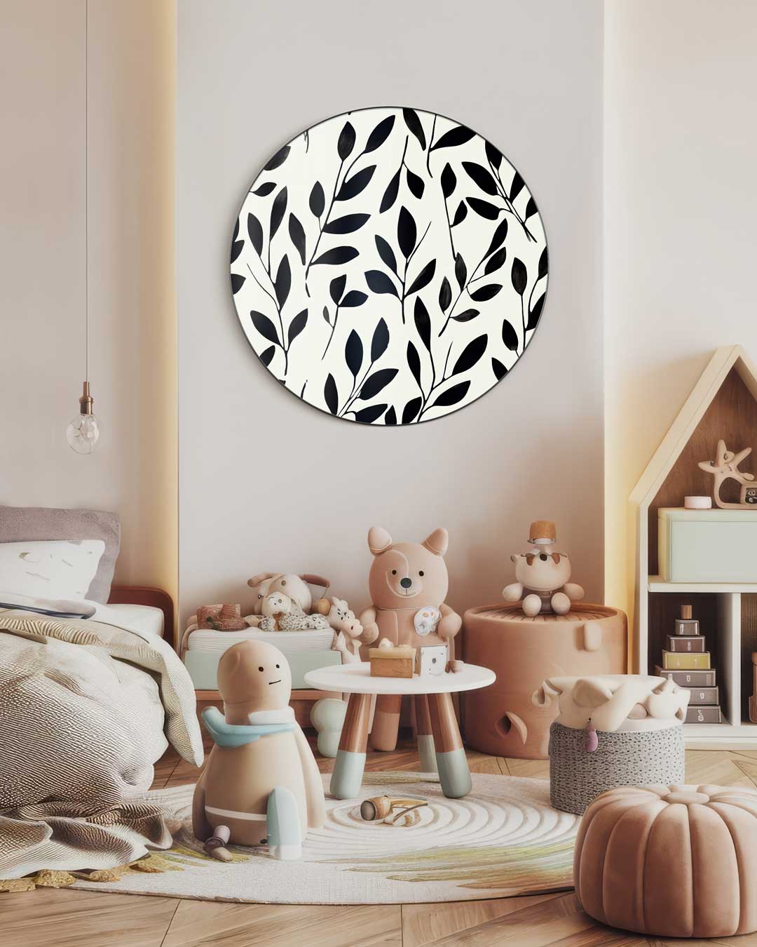 Elegant Zwart-Wit Bladeren Design Muurcirkel-WallArtistic