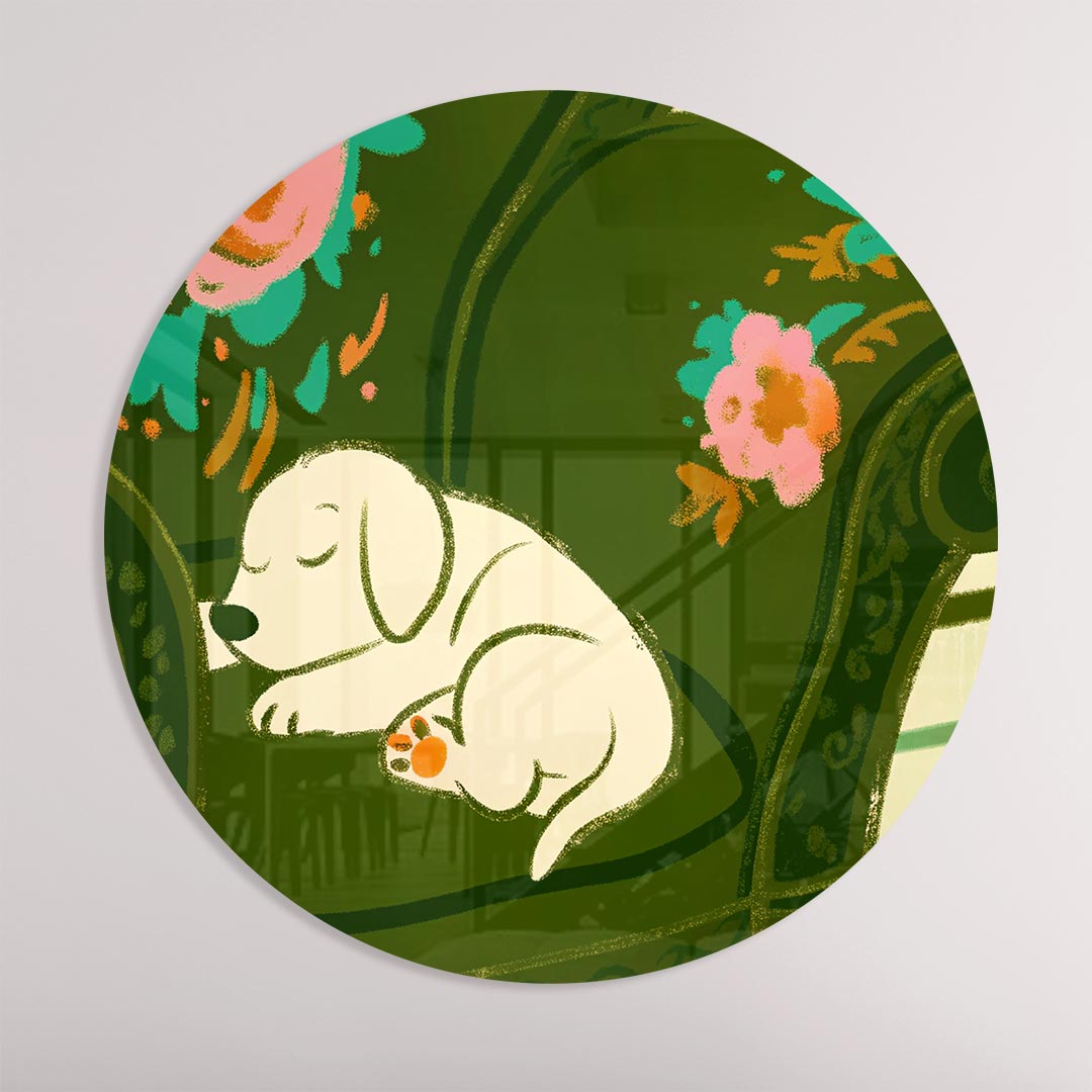 Schattige Slapende Pup op Bloemenstoel Muurcirkel-WallArtistic