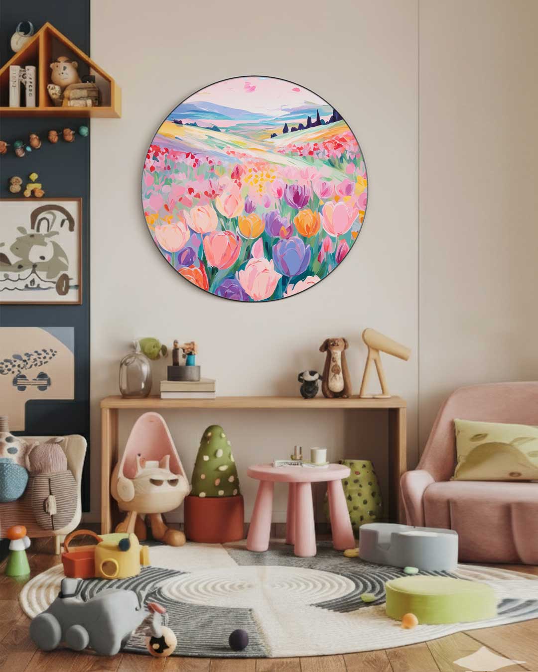 Kleurrijke Tulpenweide Muurcirkel-WallArtistic