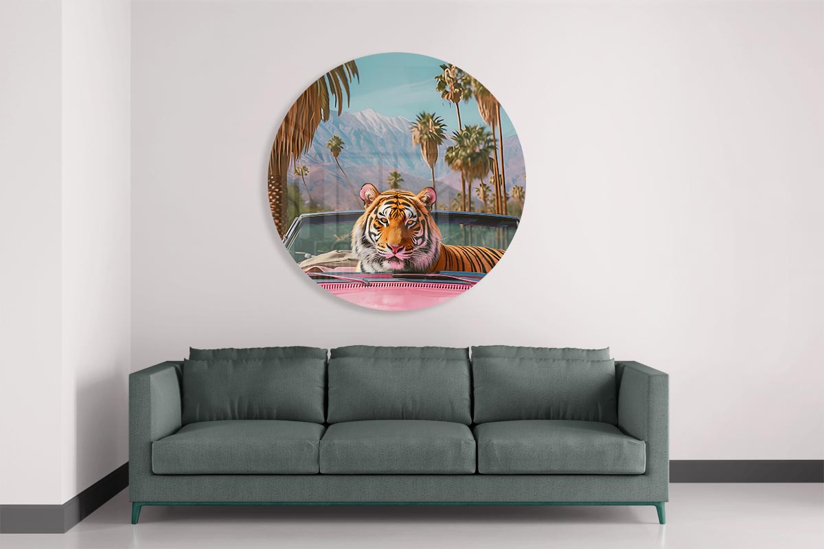 Tijger in Stijlvolle Cabrio Muurcirkel-WallArtistic