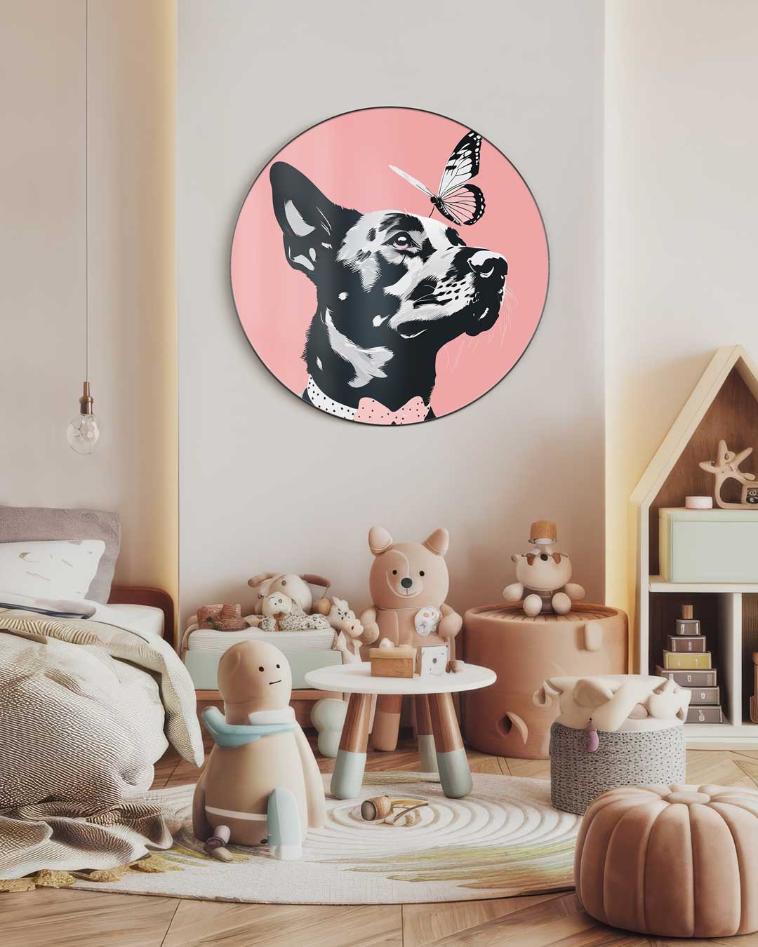 Hond met Vlinder Muurcirkel-WallArtistic