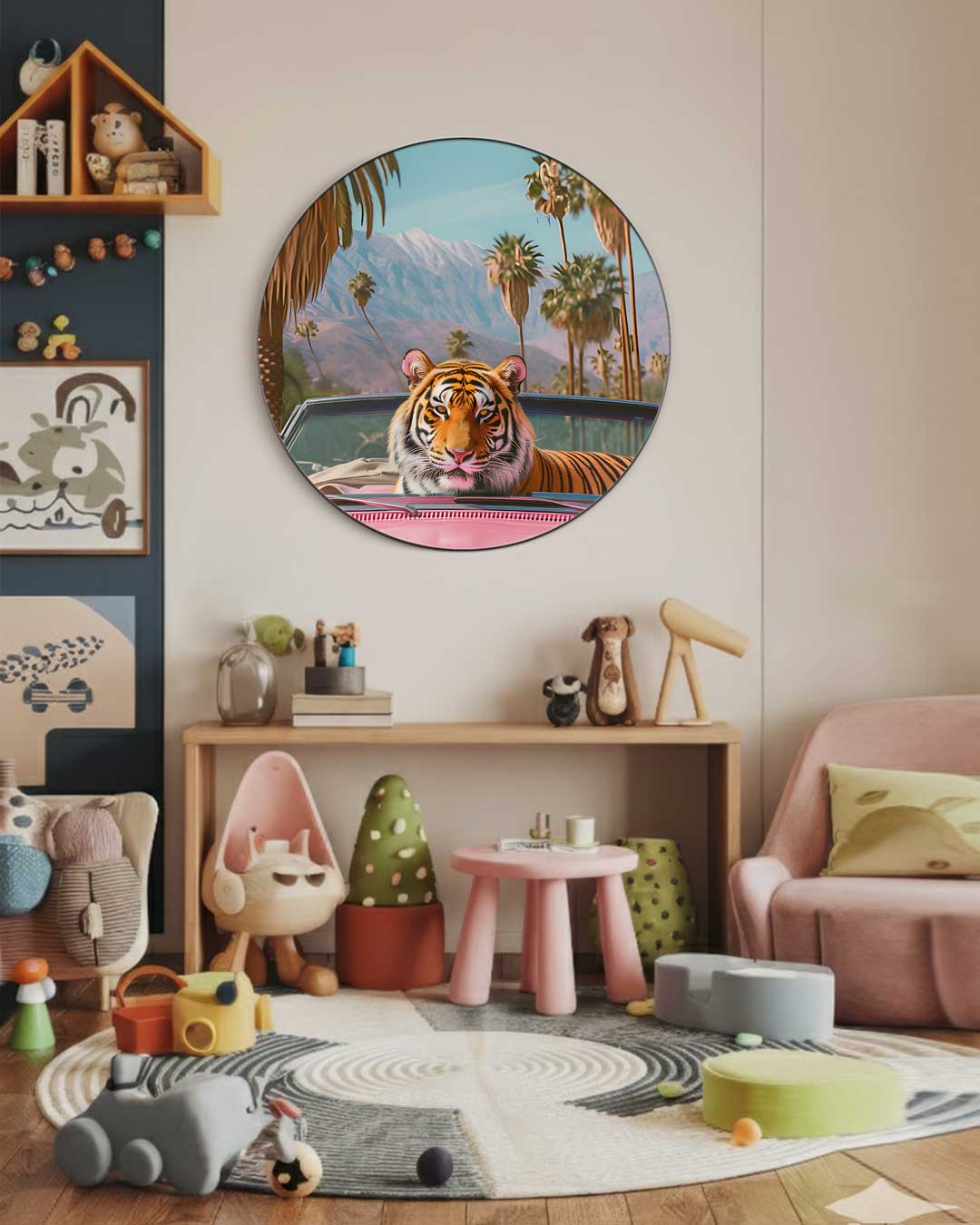 Tijger in Stijlvolle Cabrio Muurcirkel-WallArtistic