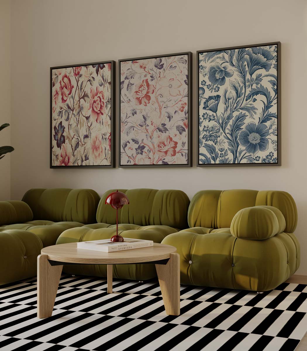 Kleurrijke bloemenmix met blauw accent Kunstwerk-canvas-dibond-plexiglas-wanddecoratie-WallArtistic