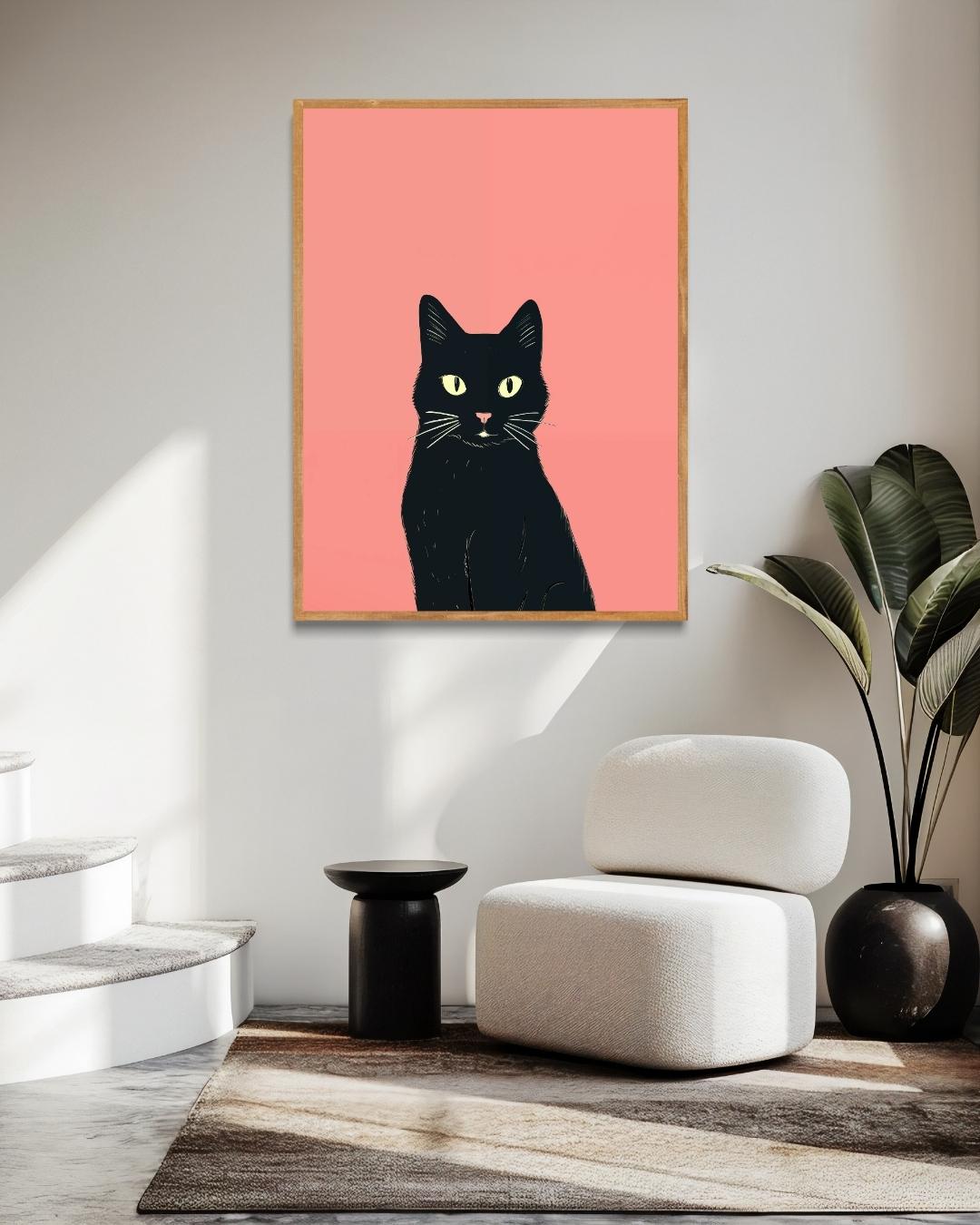 Zwarte kat op roze achtergrond Poster
