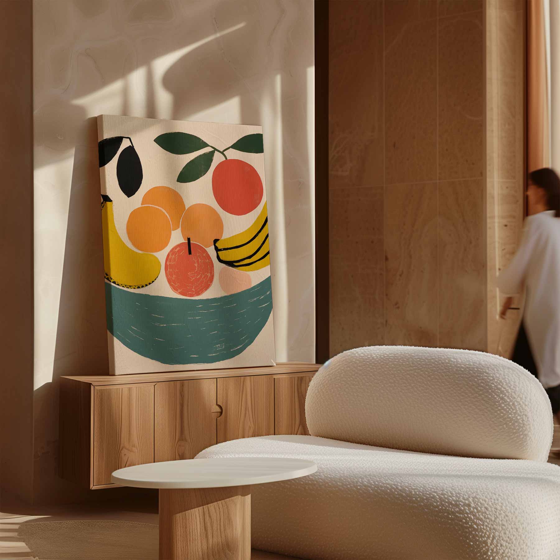 Kleurrijke fruitschaal met bananen en perziken Kunstwerk-canvas-dibond-plexiglas-wanddecoratie-WallArtistic
