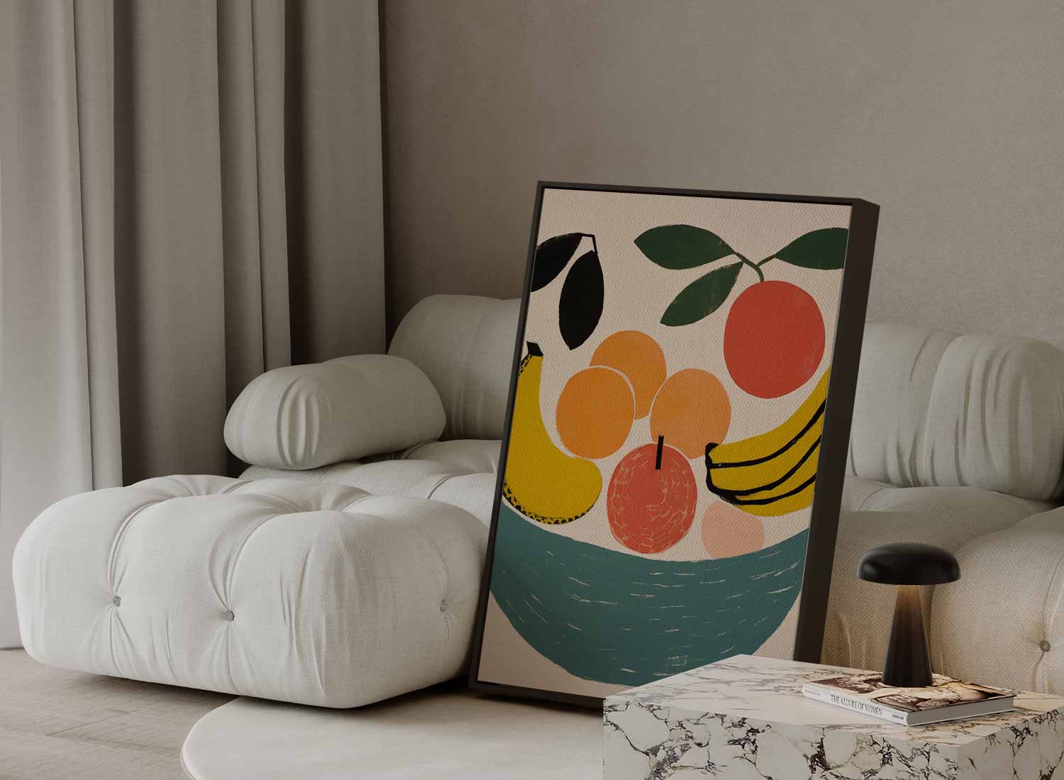 Kleurrijke fruitschaal met bananen en perziken Kunstwerk-canvas-dibond-plexiglas-wanddecoratie-WallArtistic