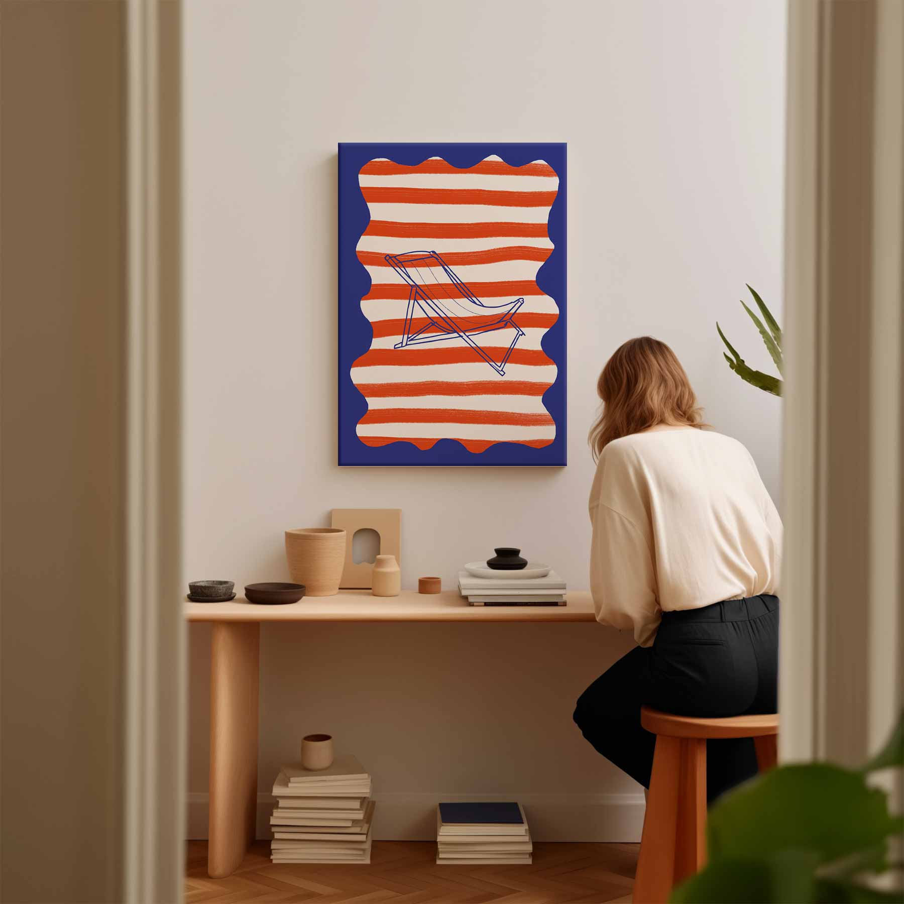 Strandstoel in streep Kunstwerk-canvas-dibond-plexiglas-wanddecoratie-WallArtistic
