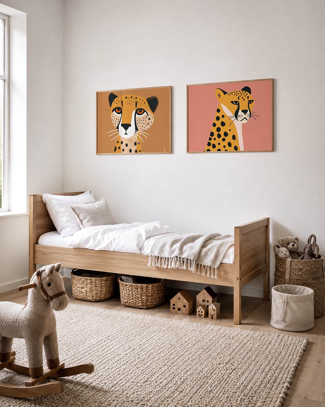Tweedelige posterset met een speelse cheetah met grote ogen en stippen, getoond in een interieur