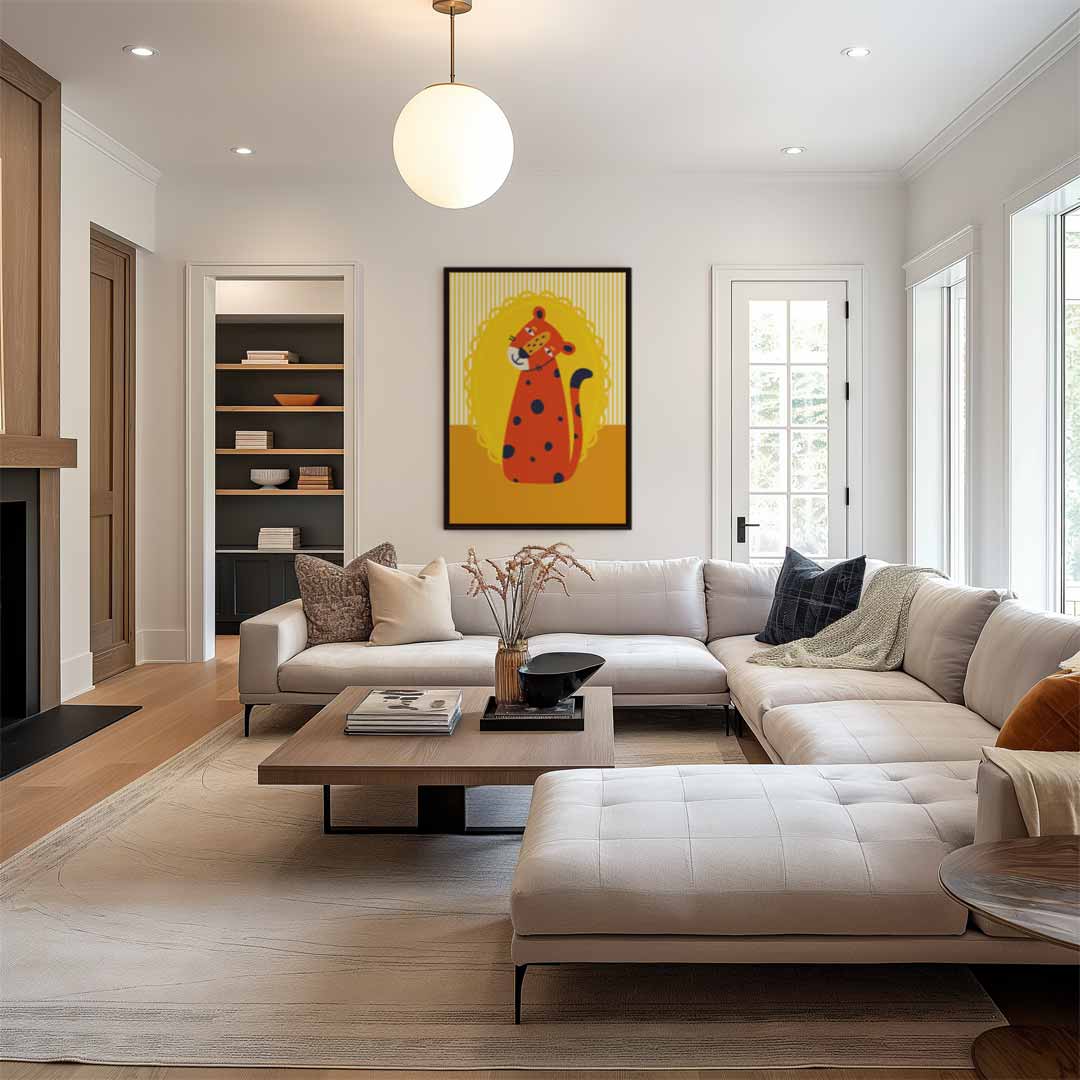 Vrolijke Cheetah op Geel Kunstwerk-canvas-dibond-plexiglas-wanddecoratie-WallArtistic