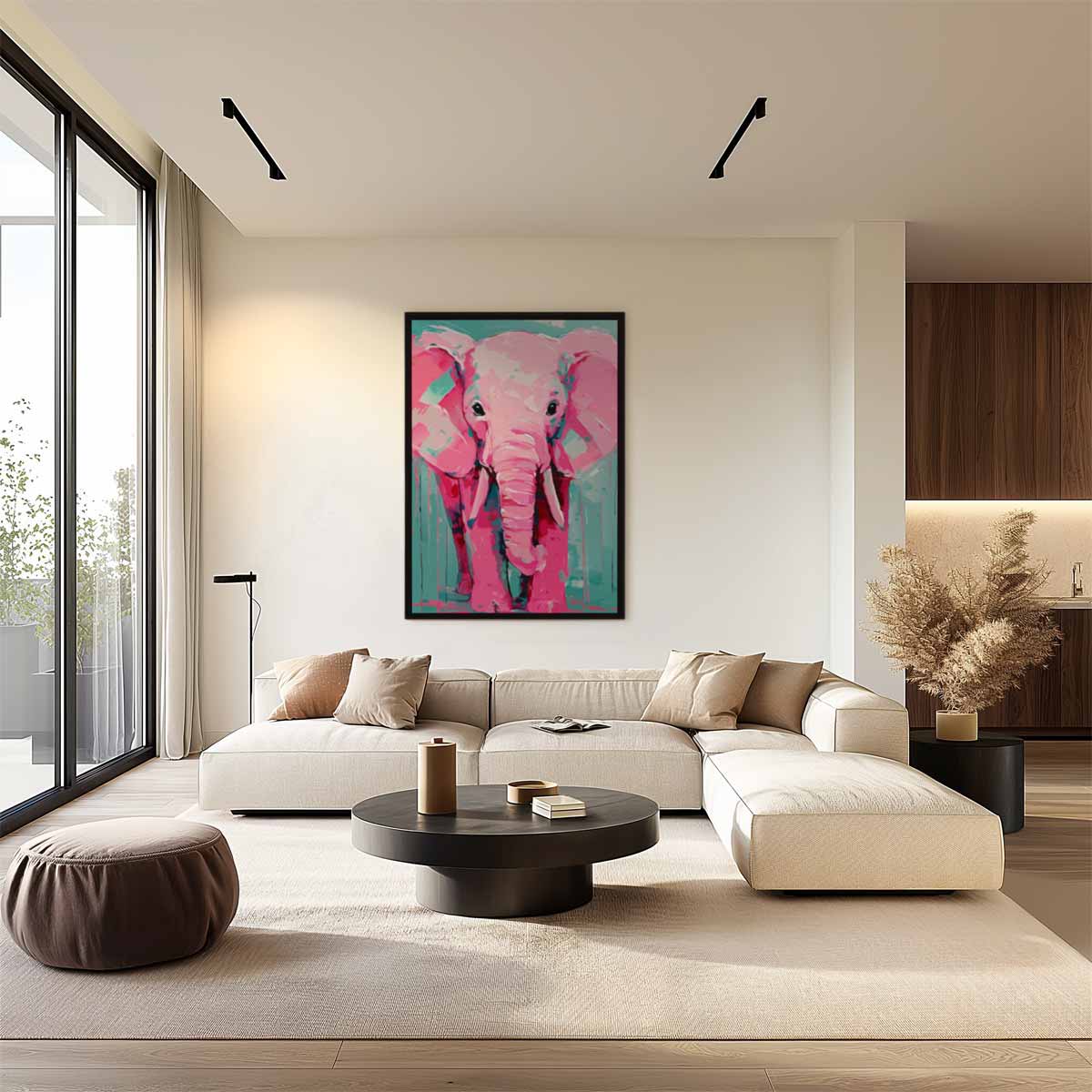Vrolijke Roze Olifant Kunstwerk-canvas-dibond-plexiglas-wanddecoratie-WallArtistic