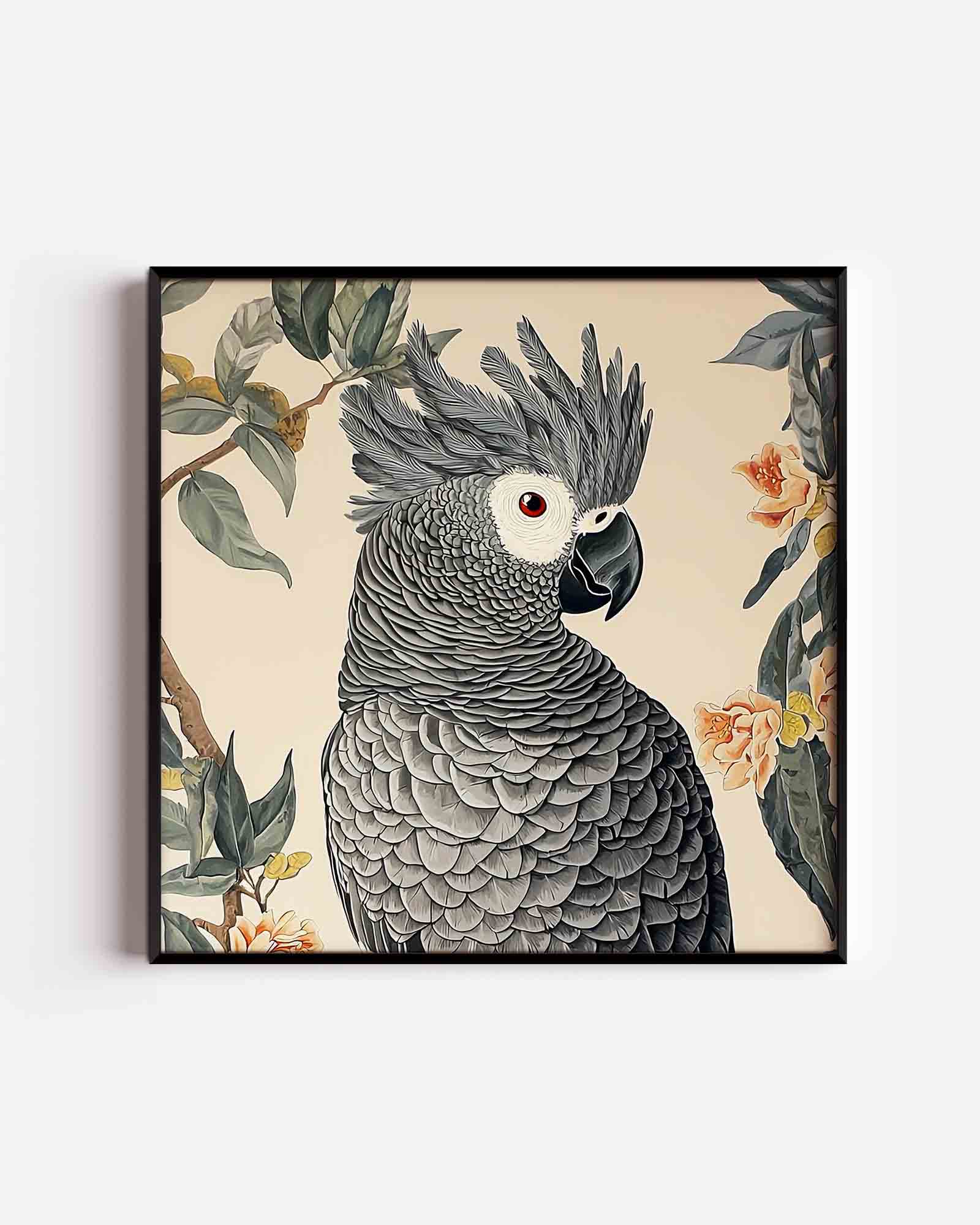 Grijze papegaai met bloemen Poster