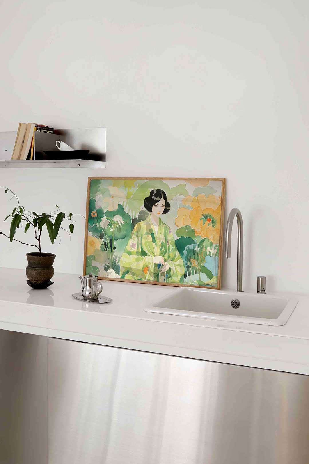 Vrouw in groene kimono Poster