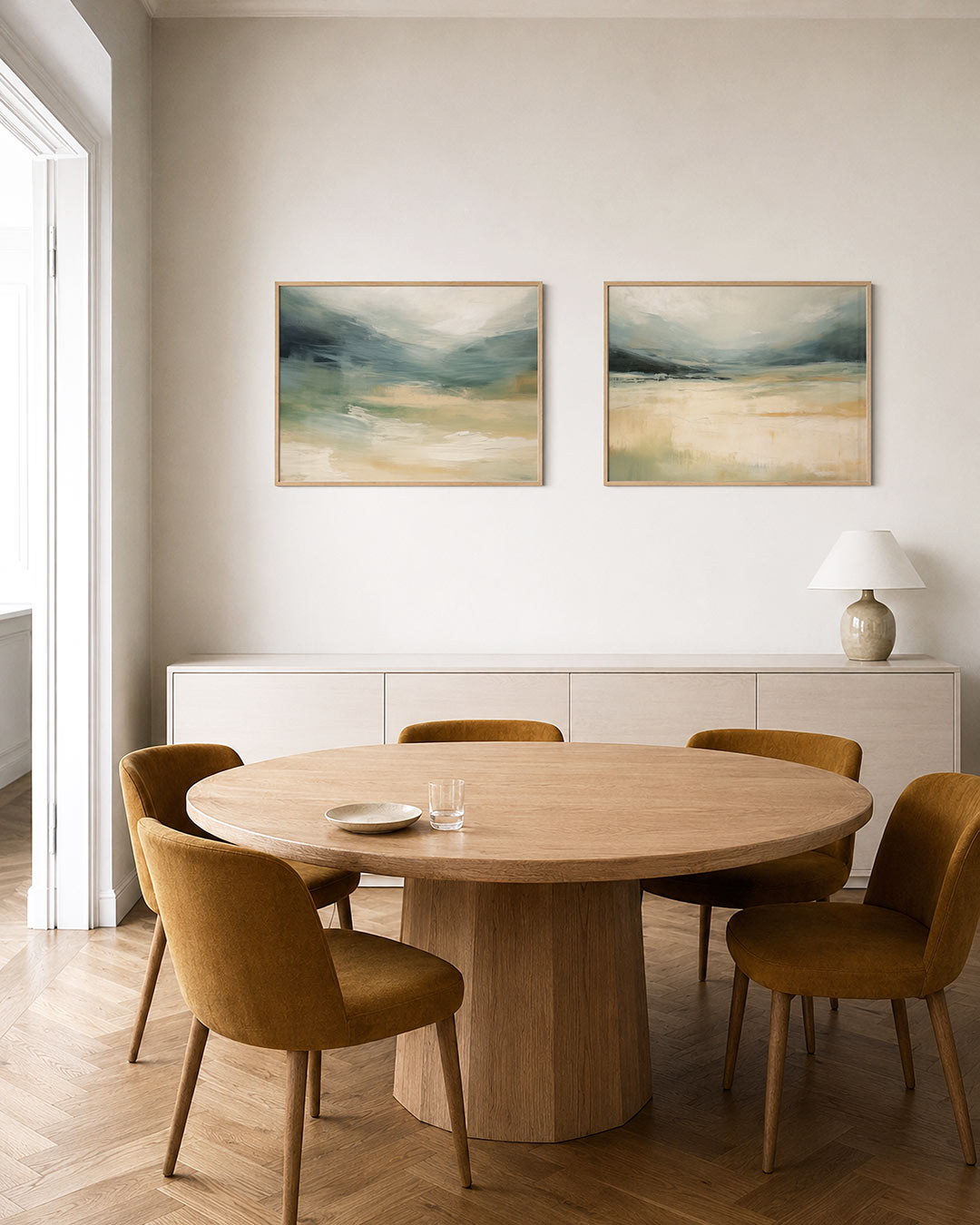Tweedelige posterset met zachte overgangen van blauw en beige, met vloeiende penseelstreken, getoond in een interieur