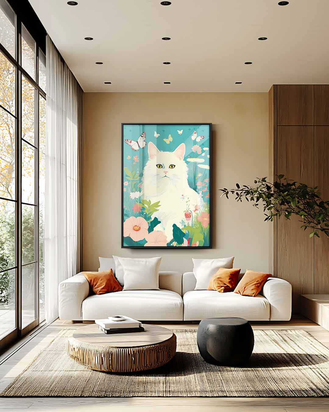 Kunstwerk: Verträumte Katze im Blumengarten