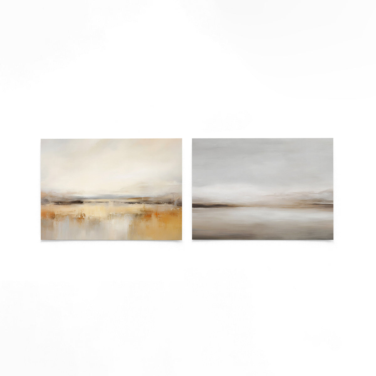 Twee liggende posters met zachte beige en bruine tinten op een gebroken witte achtergrond