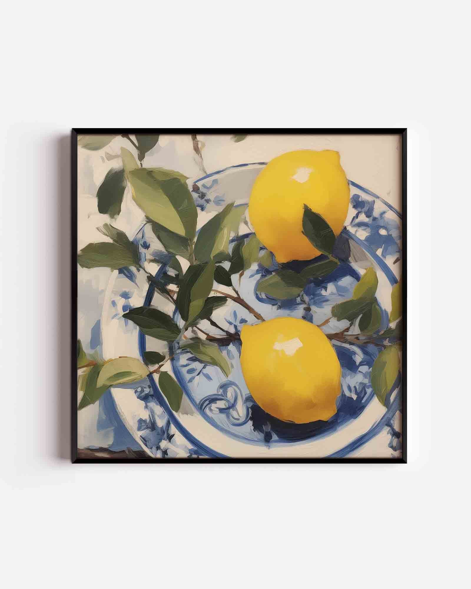 Citroenen op blauw wit bord Poster