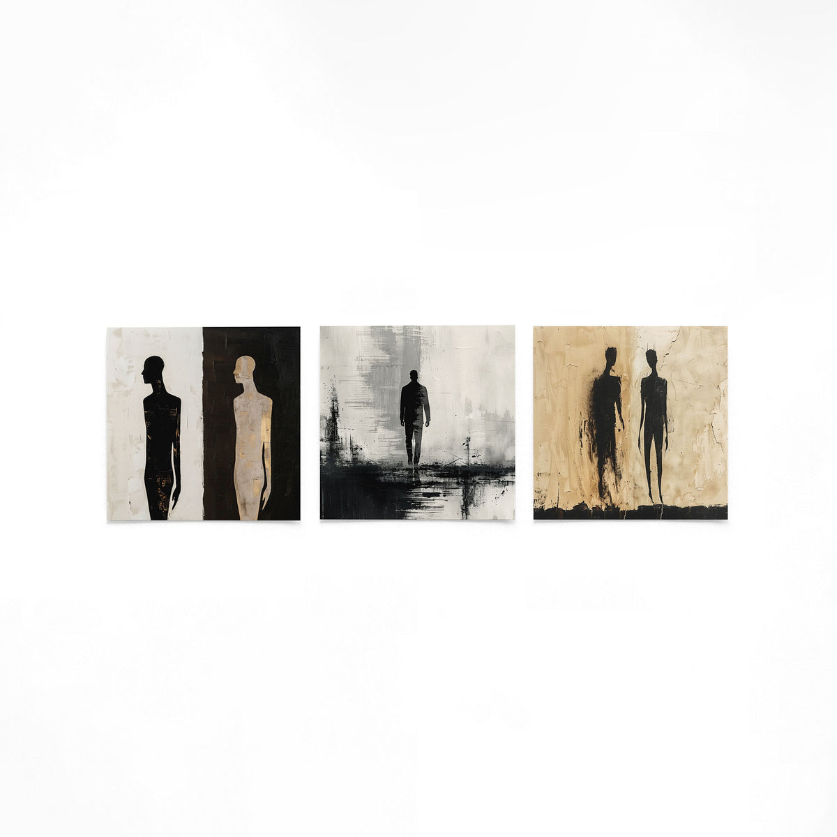 Drie vierkante posters met abstracte mensfiguren op een gebroken witte achtergrond