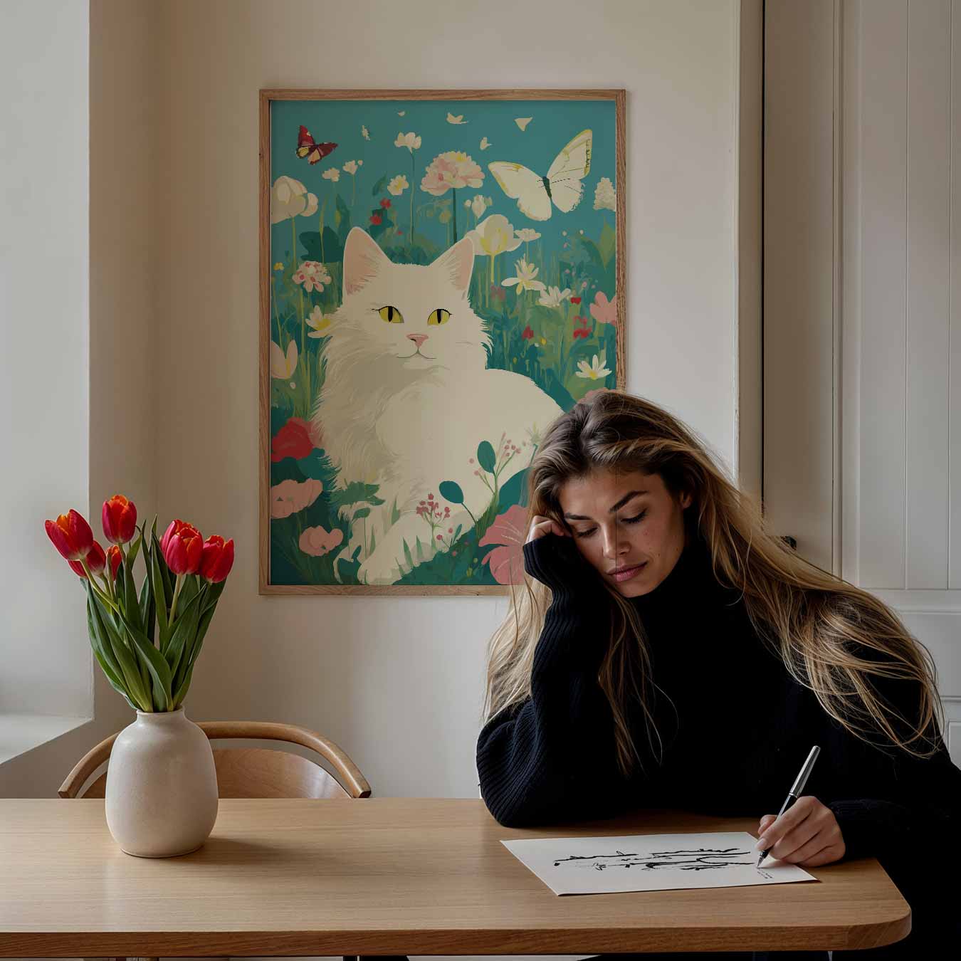 Vrolijke Kat in Bloementuin Poster-WallArtistic