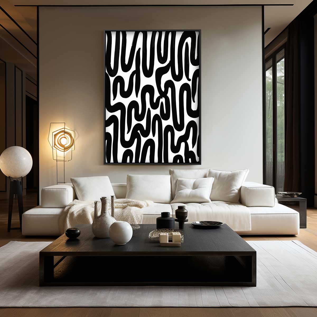 Golvende Zwarte Lijnen op Wit Kunstwerk-canvas-dibond-plexiglas-wanddecoratie-WallArtistic