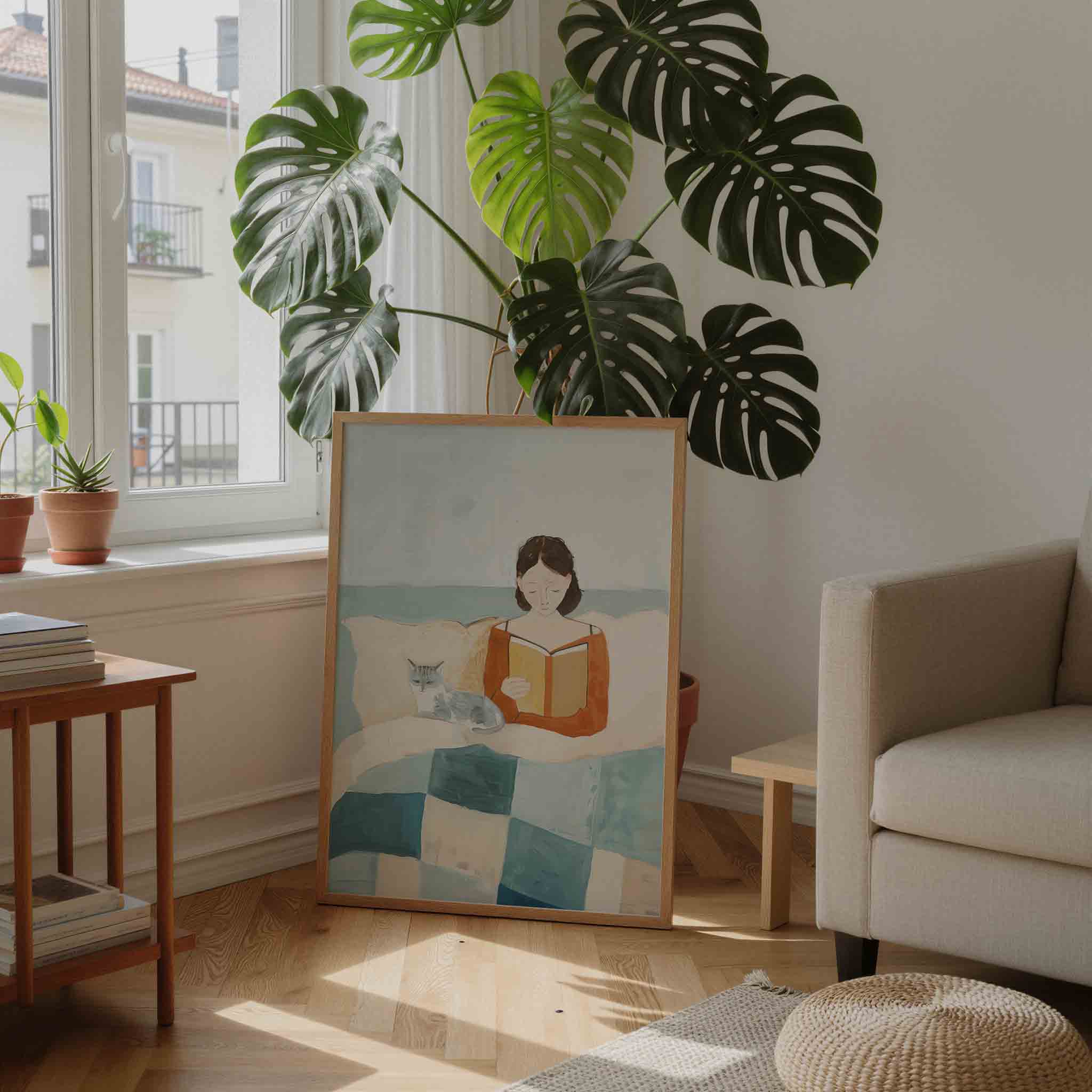 Lezende vrouw met kat Poster