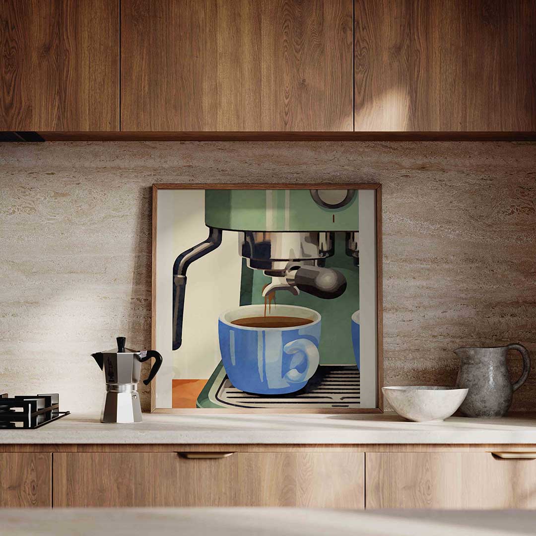 Koffiemachine met blauwe mok Poster
