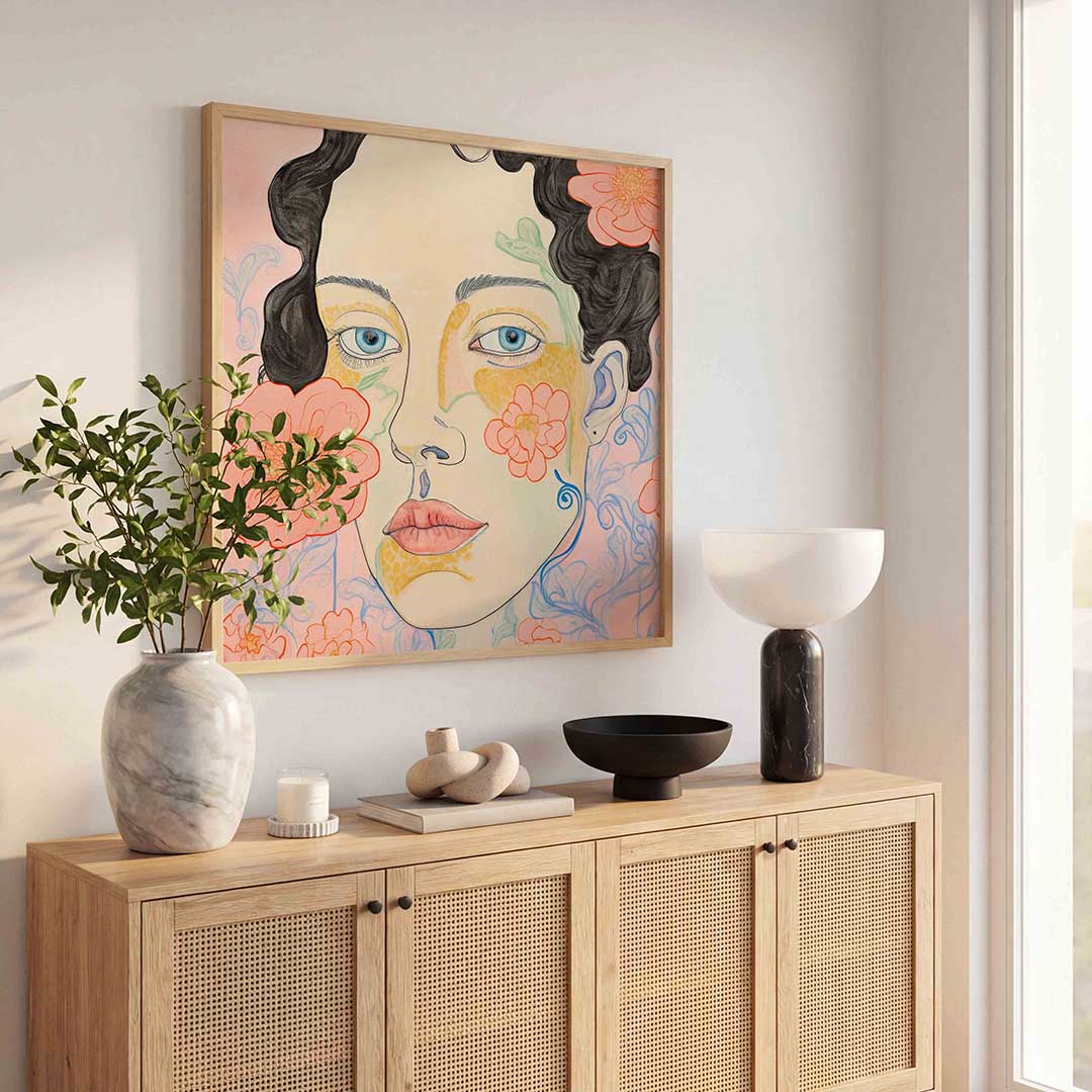 Bloemen en gezicht Poster