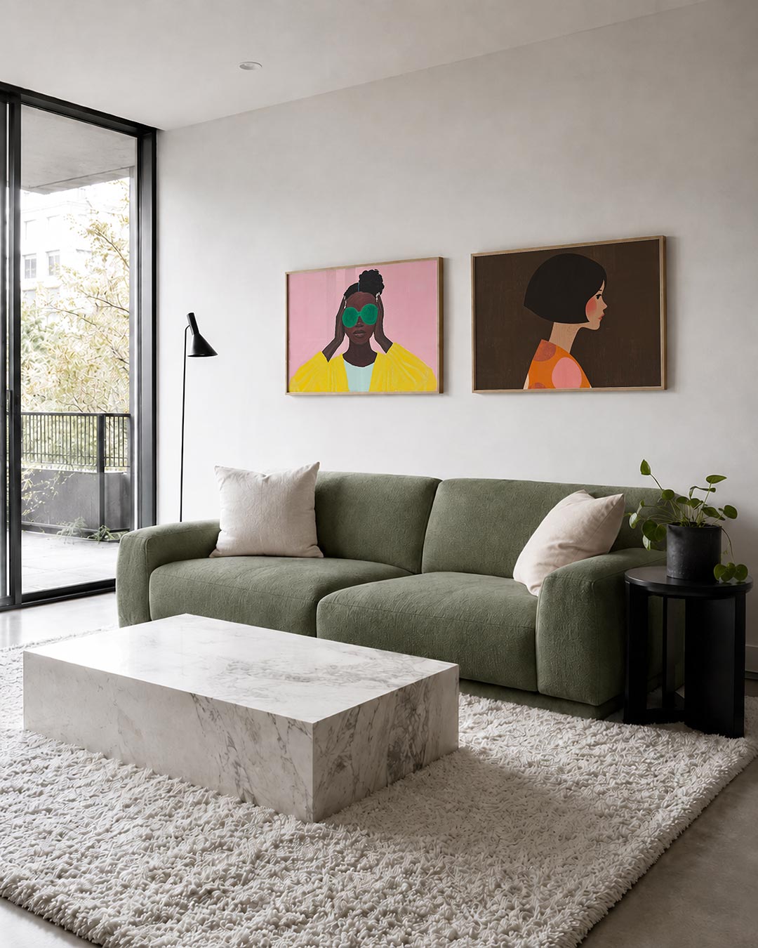 Interieurpresentatie van twee posters met een vrouw met grote groene brillenglazen en een gele jas tegen een roze achtergrond
