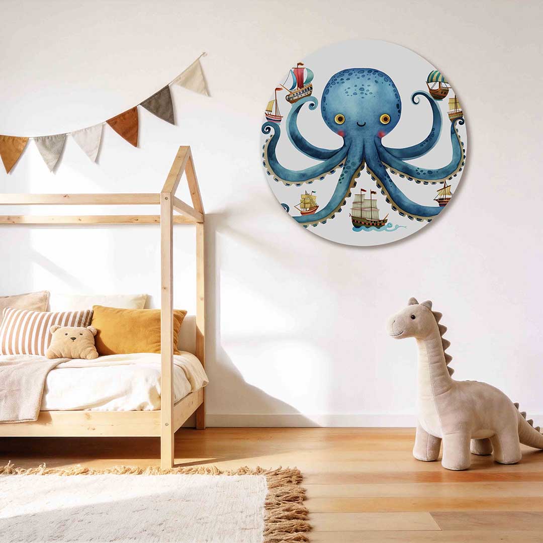 Blauwe octopus met schepen Muurcirkel