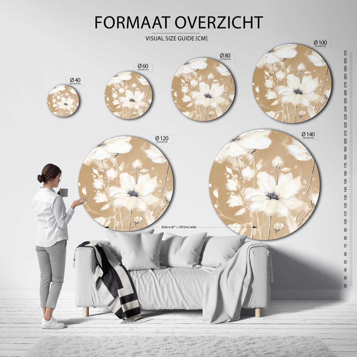 Witte bloemen op beige Muurcirkel