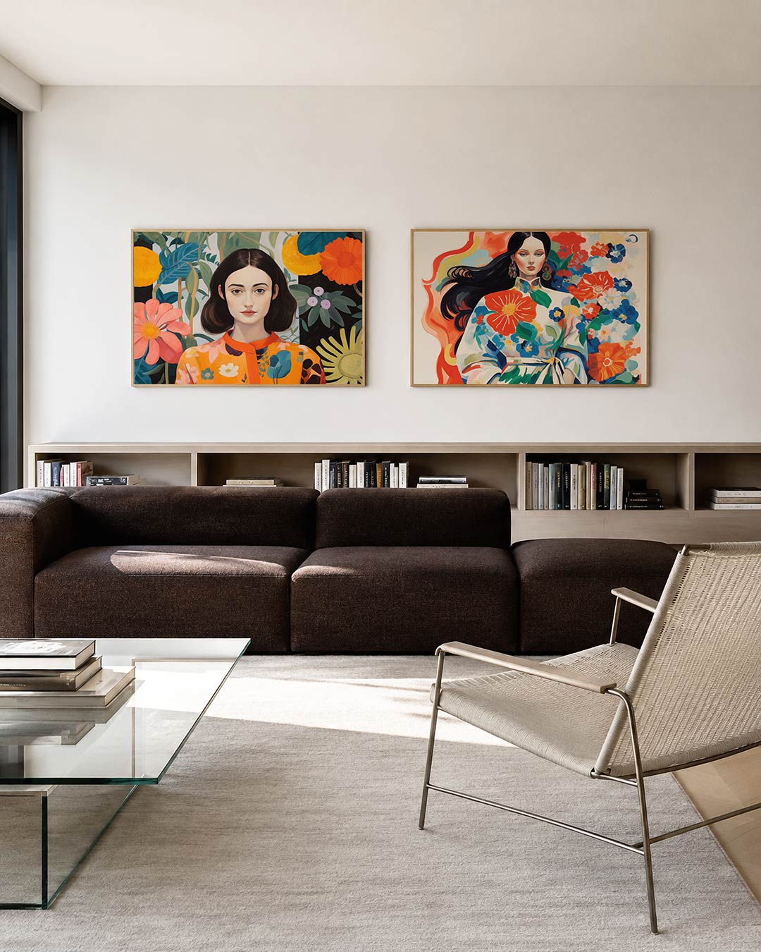 Twee liggende posters met een vrouw omringd door grote bloemen en bladeren, aan de muur in een interieur