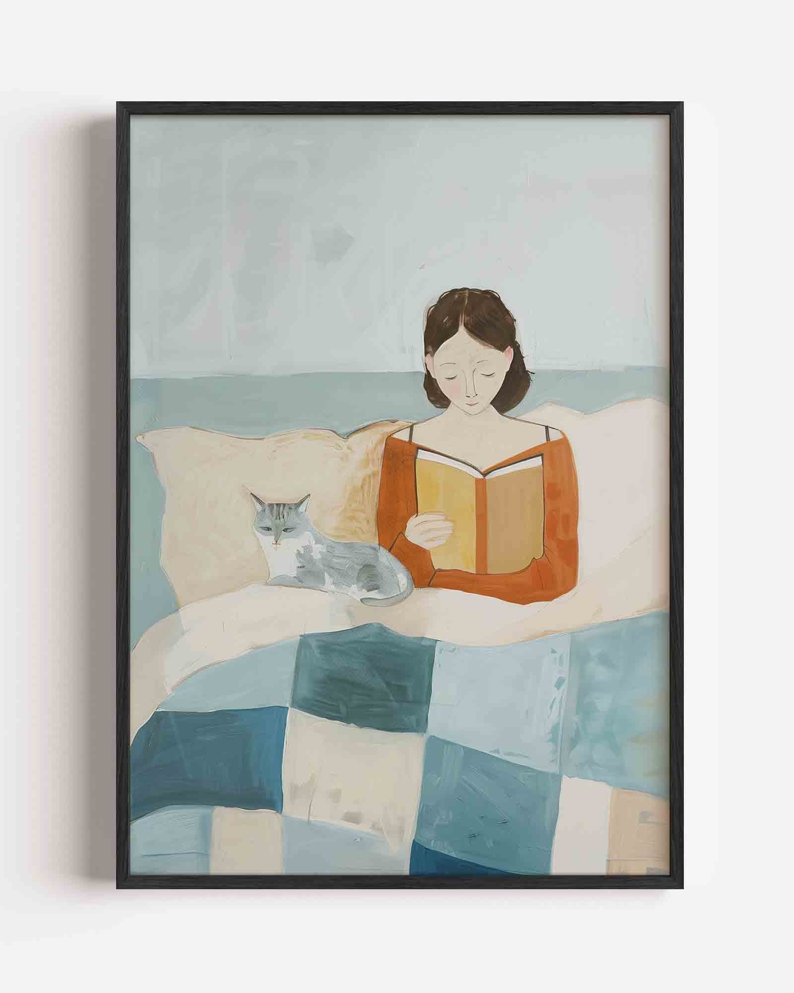 Lezende vrouw met kat Poster
