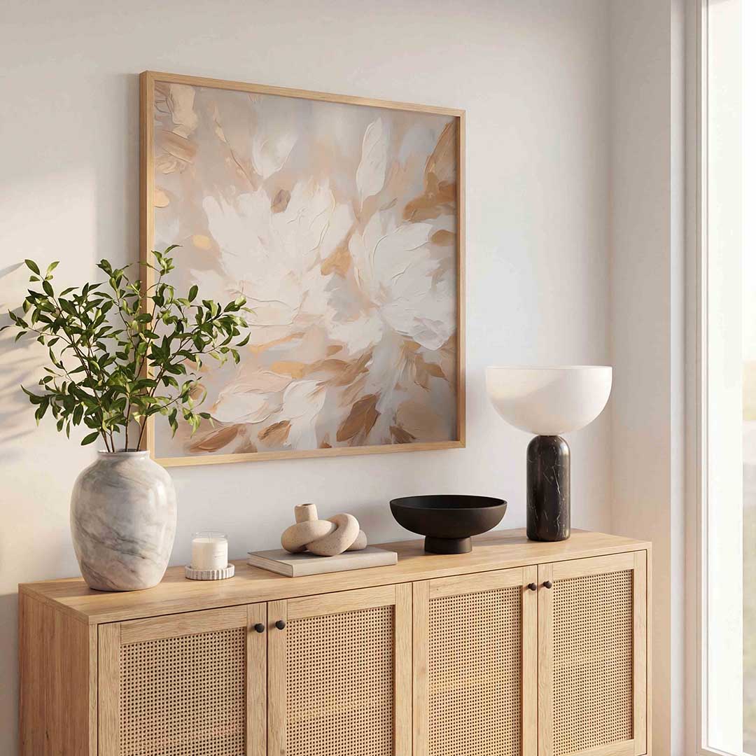 Abstracte beige en witte bloemen Poster