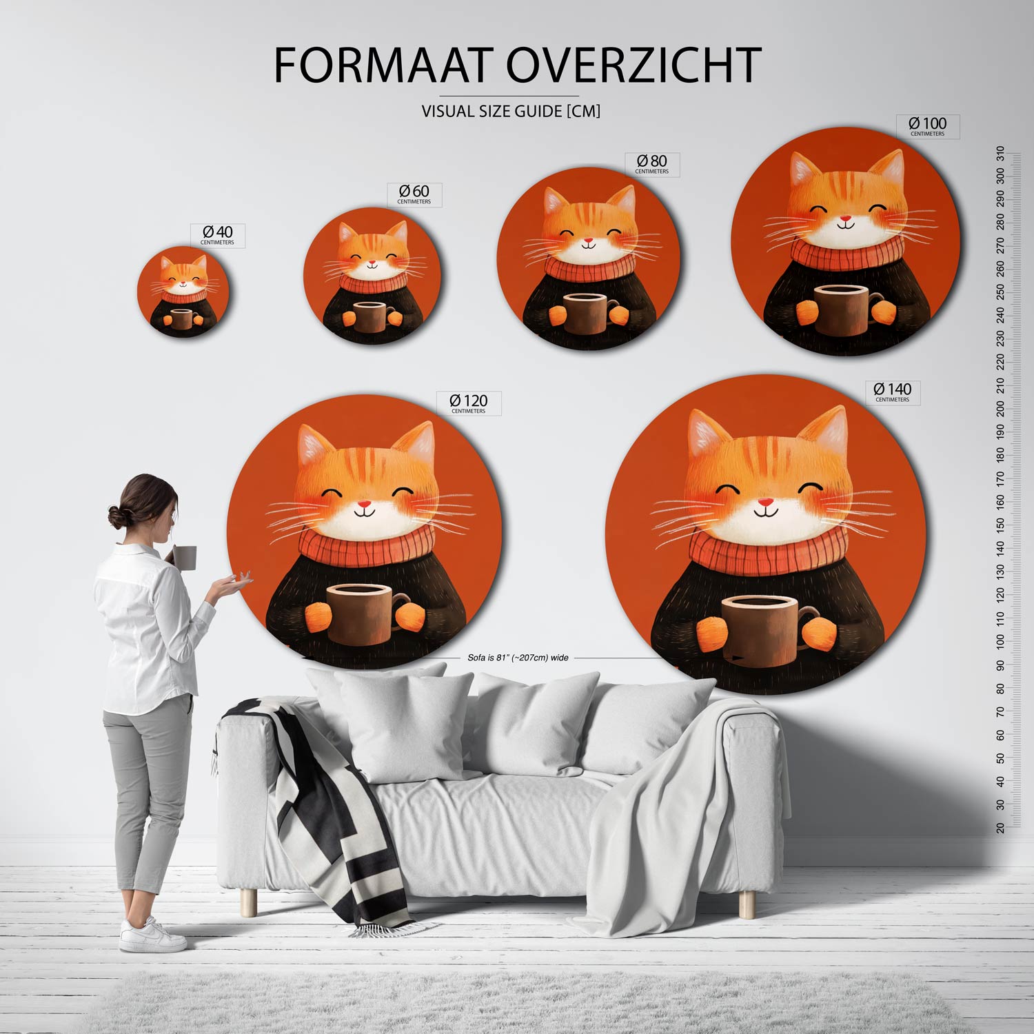 Lachende kat met mok Muurcirkel