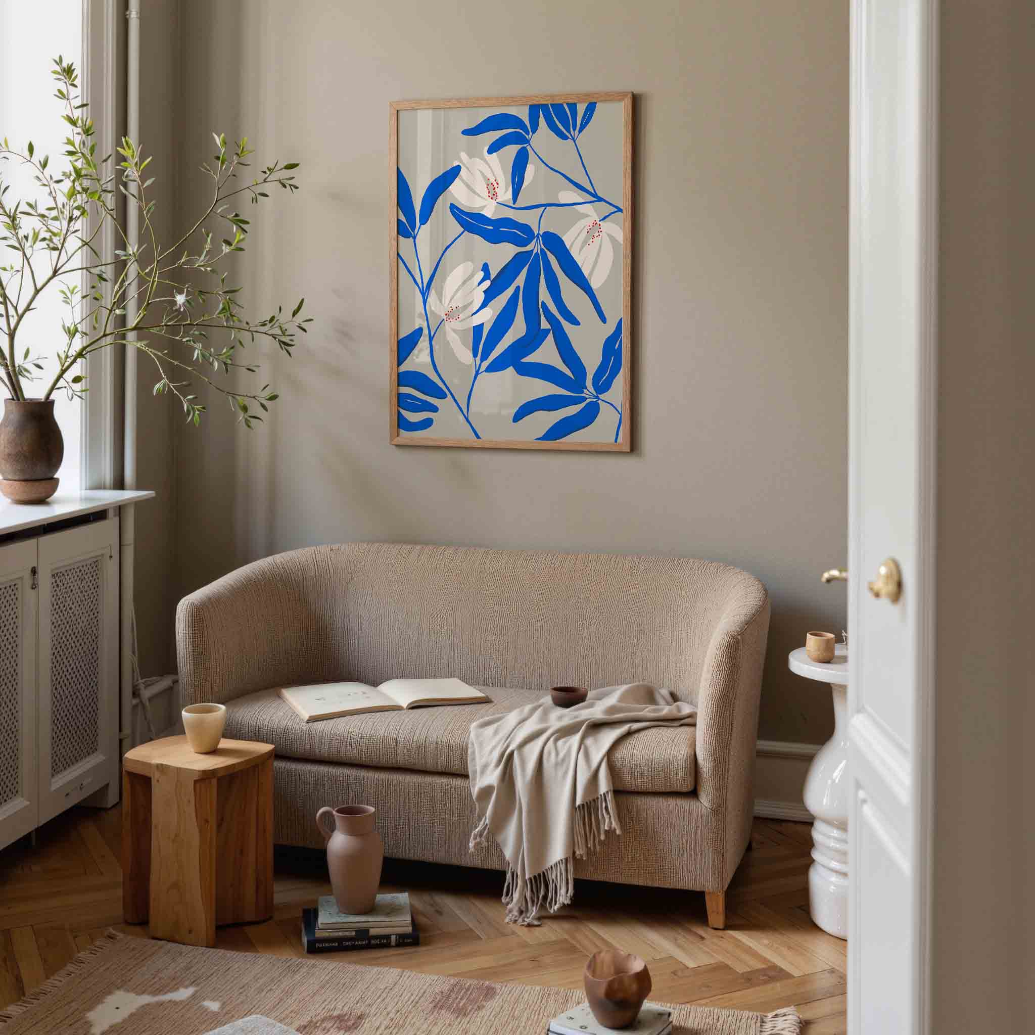 Blauwe bladeren en bloemen Poster