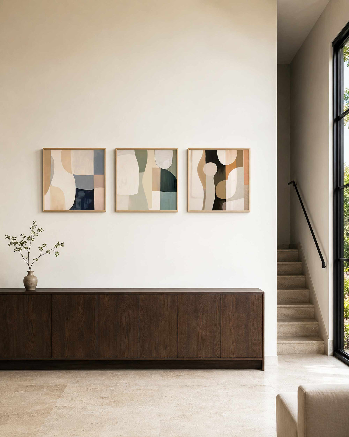 Interieurpresentatie van een driedelige vierkante posterset met abstracte vormen