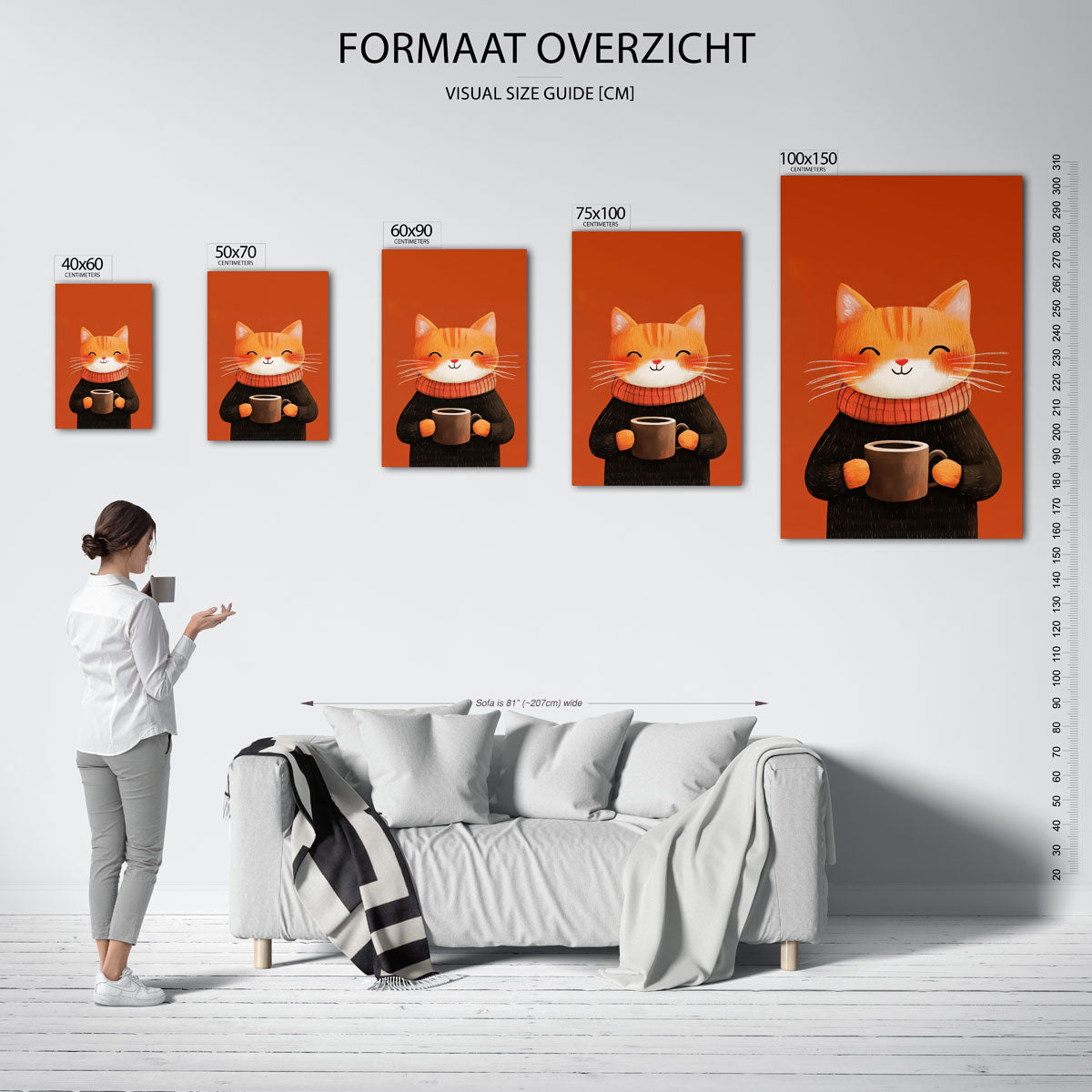 Vrolijke kat met mok Kunstwerk