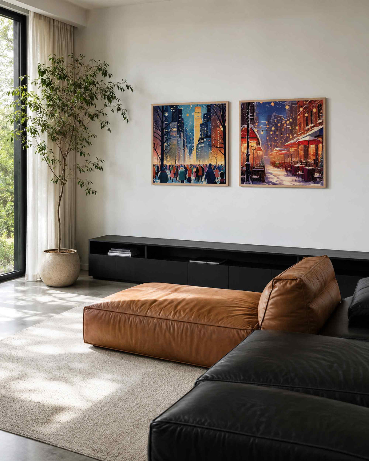 Interieurpresentatie van een tweedelige vierkante posterset met winterse stadslichten