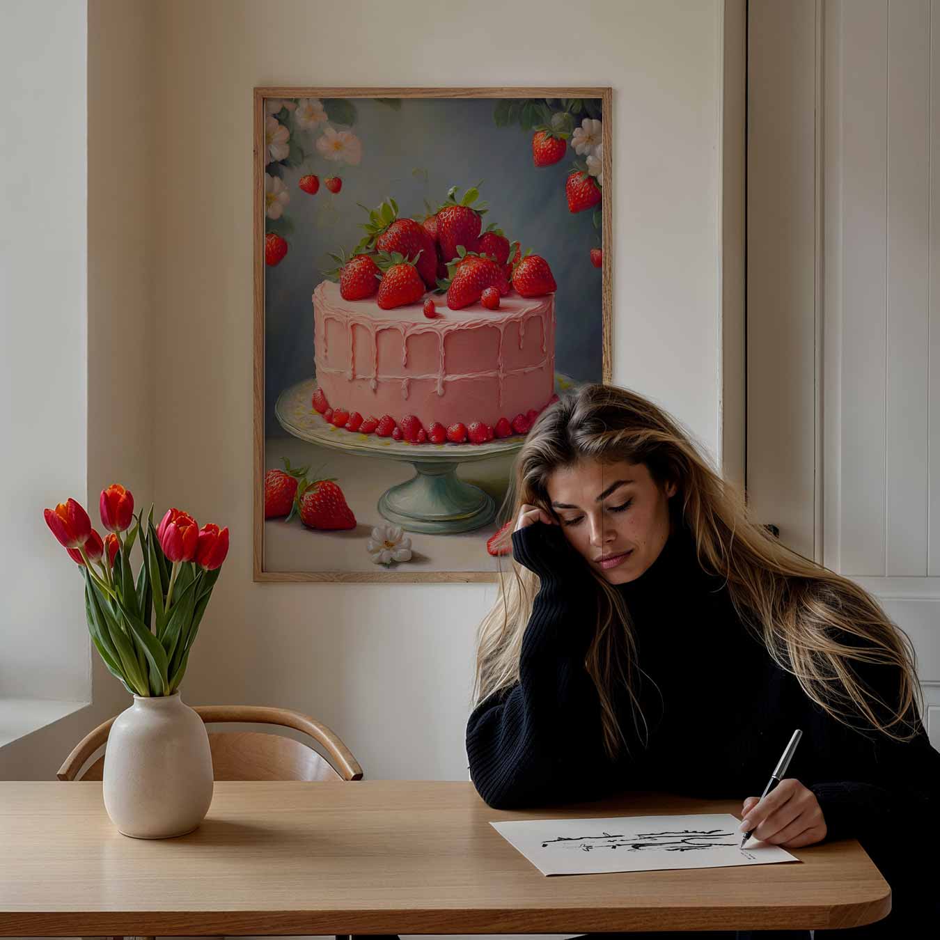Aardbeientaart Met Bloemen Poster-WallArtistic