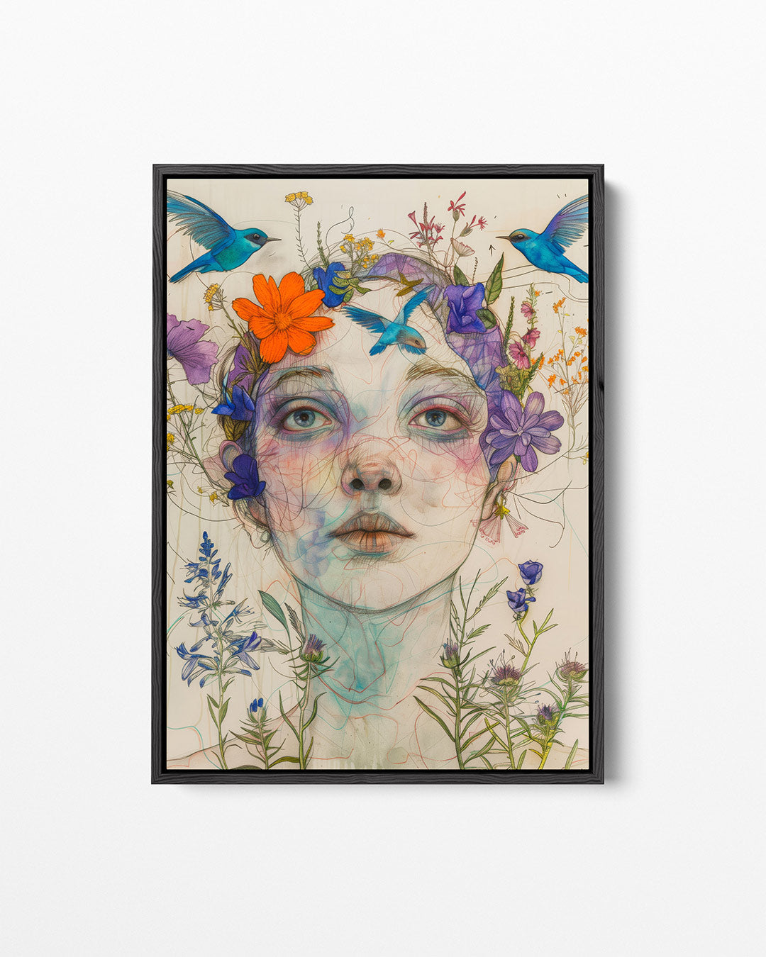 Vrouw met bloemen en vogels Kunstwerk