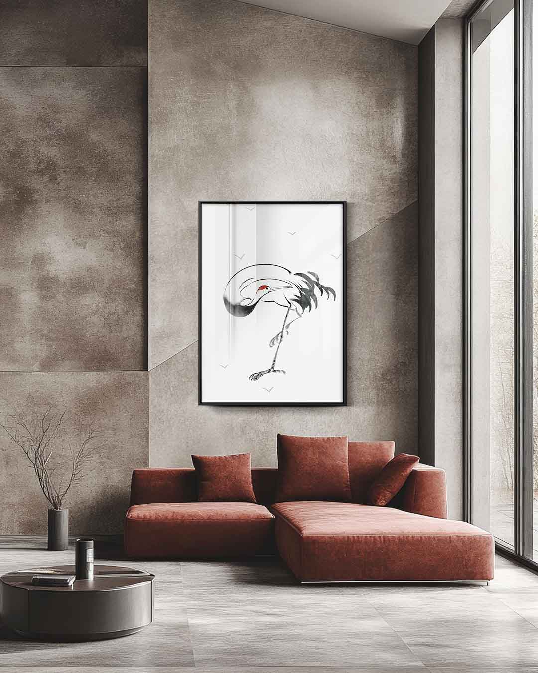 Gracieuse Kraanvogel Schilderij in Inkt Kunstwerk-canvas-dibond-plexiglas-wanddecoratie-WallArtistic