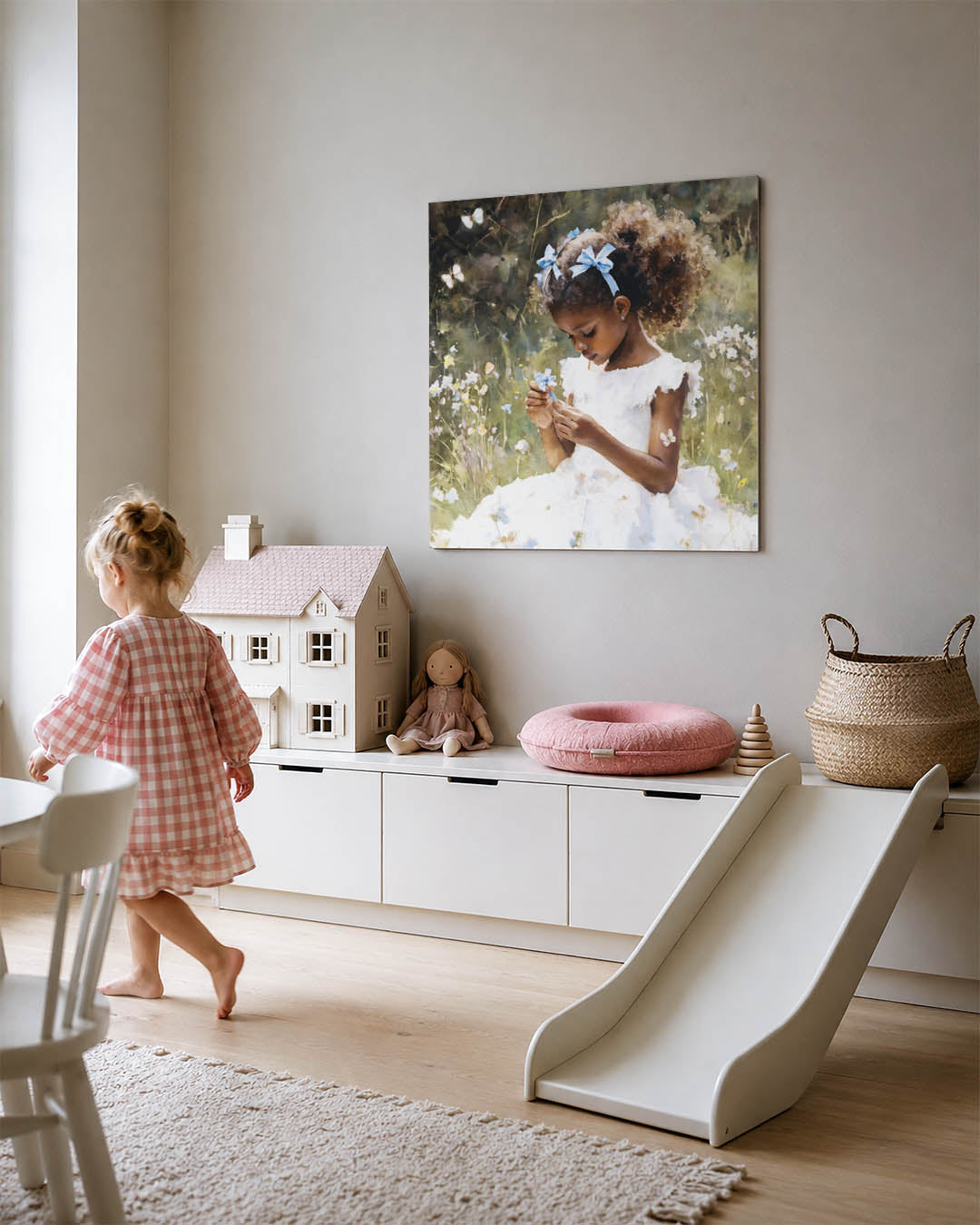 Dromerig meisje in bloemenveld Kunstwerk