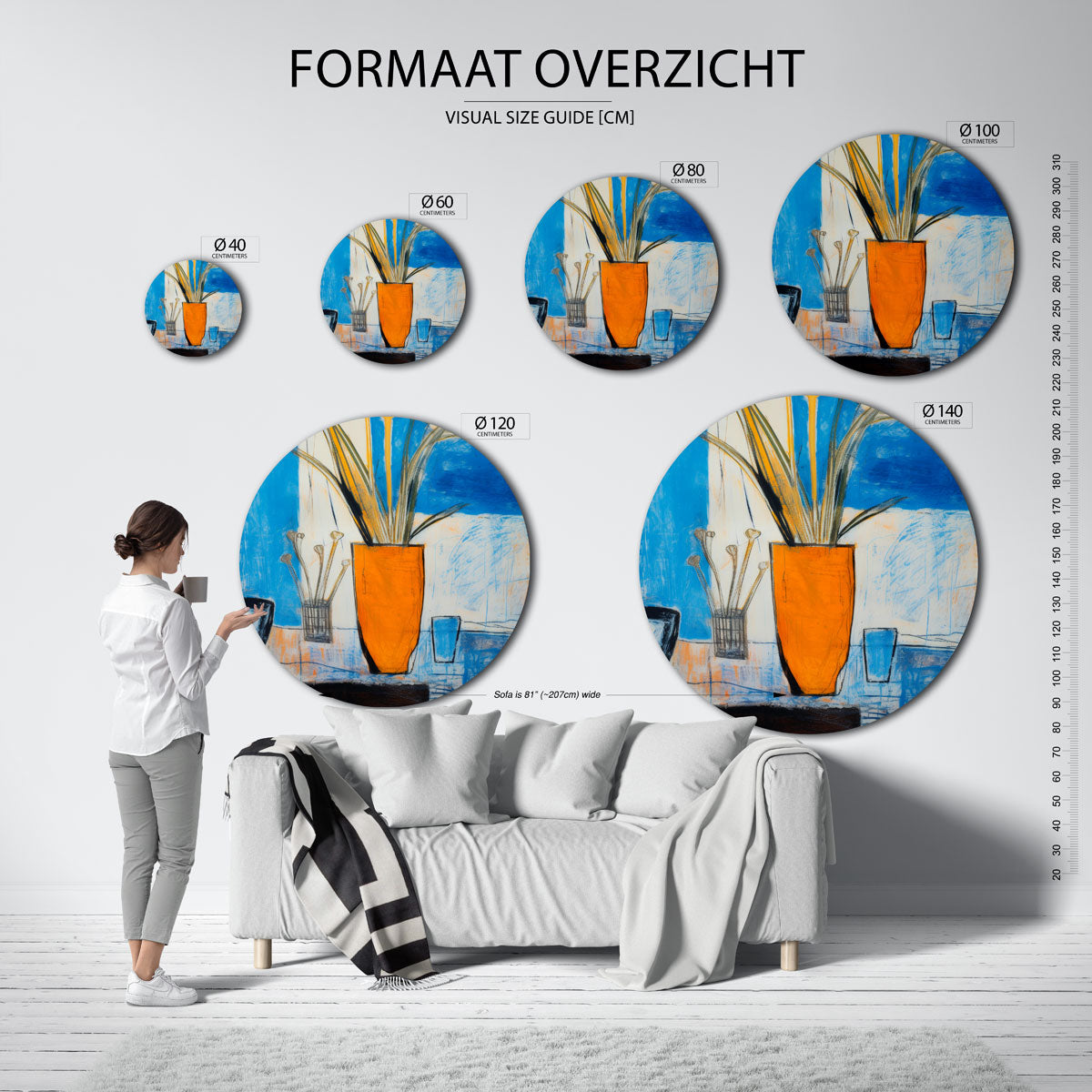Oranje vaas en blauwe achtergrond Muurcirkel