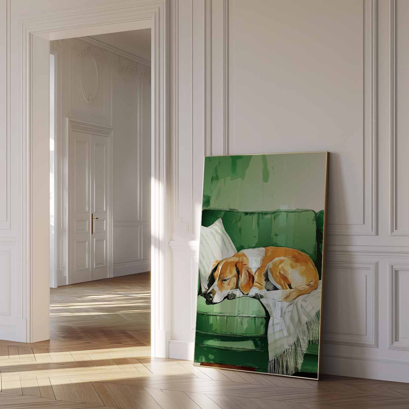 Dromerige Hond op de Bank Poster-WallArtistic