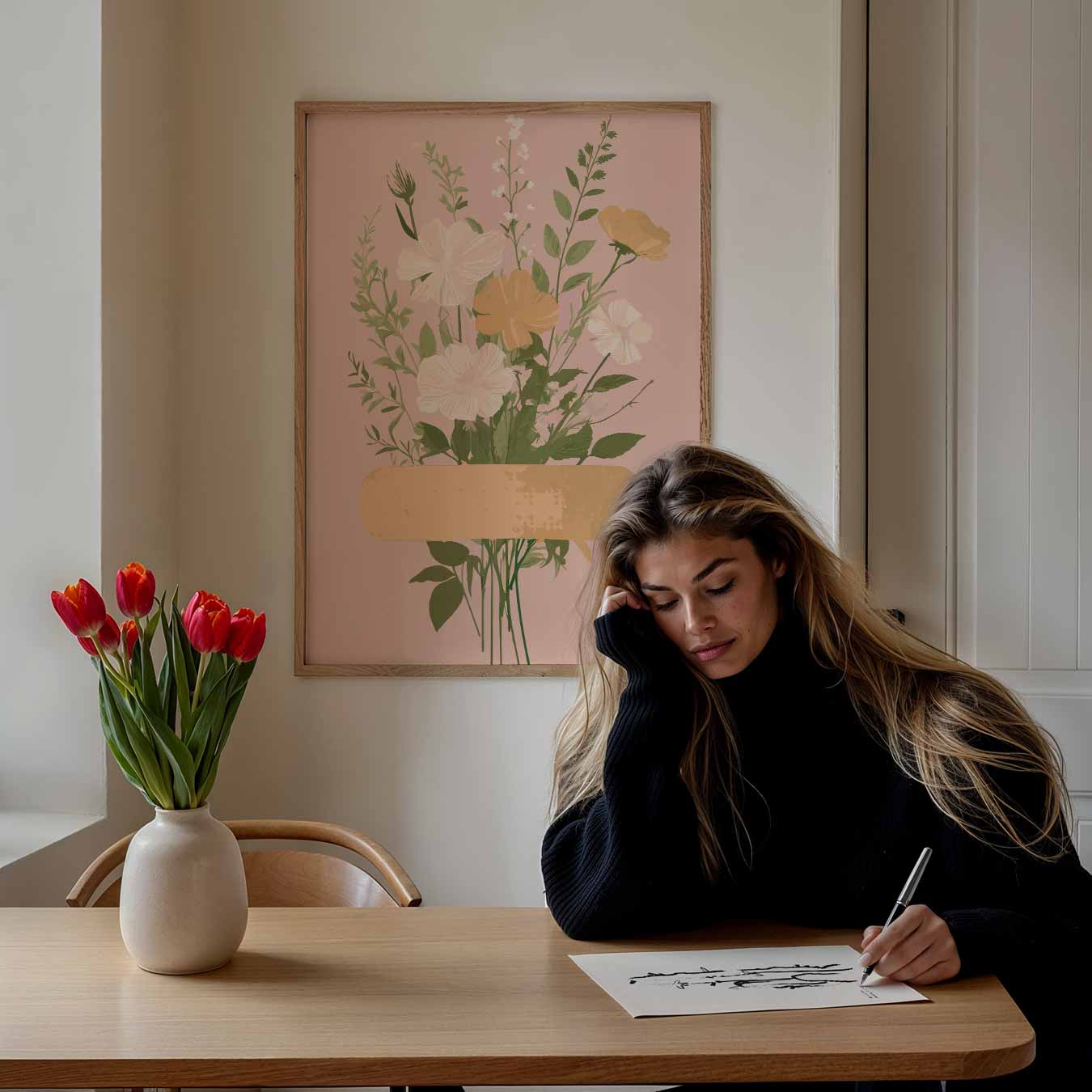 Romantische Bloemenpracht op Roze Poster-WallArtistic