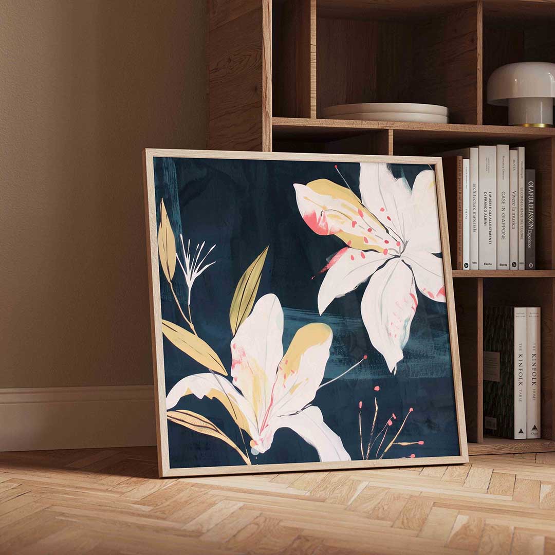Witte bloemen en bladeren Poster
