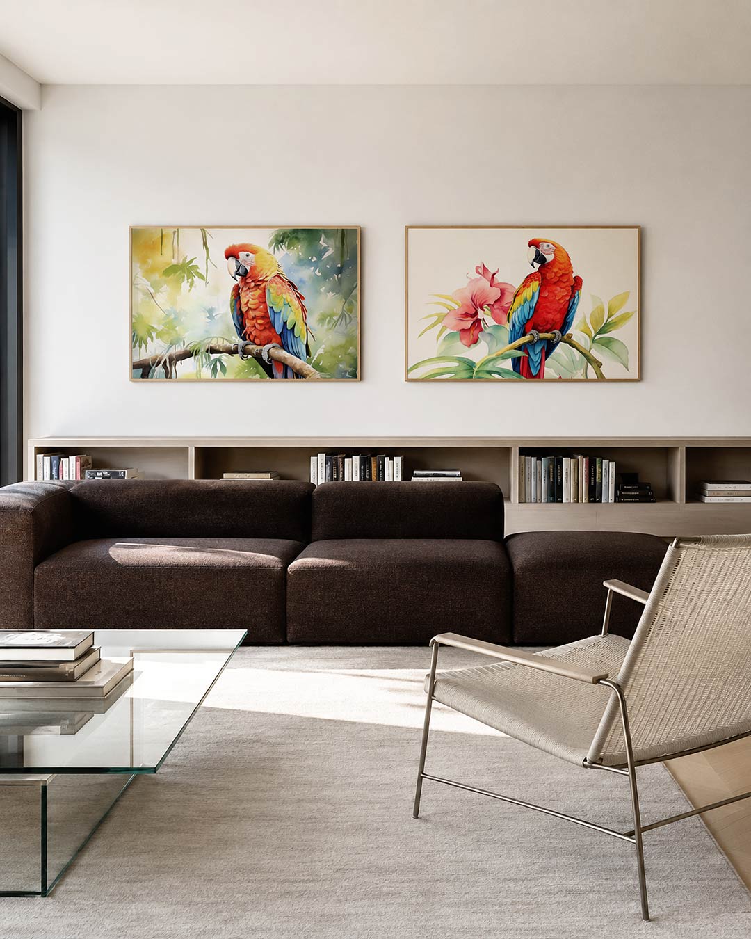 Twee liggende posters met een kleurrijke papegaai op een tak tussen groene en gele bladeren, aan de muur in een interieur
